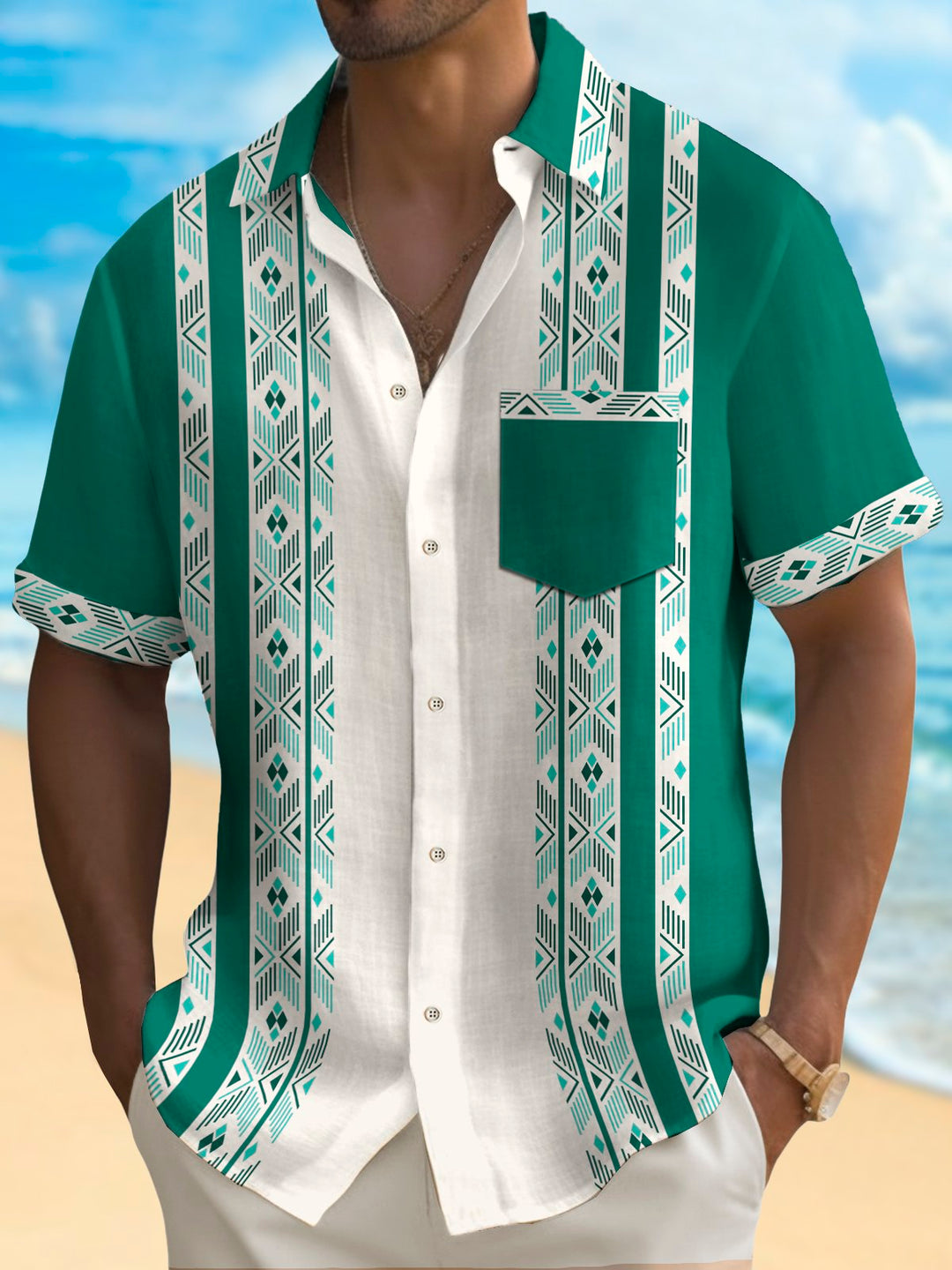 Alohadaddy Vintage Bowling Ethnic Pattern Stripe Print Chest Pocket Shirt Plus Size Men&