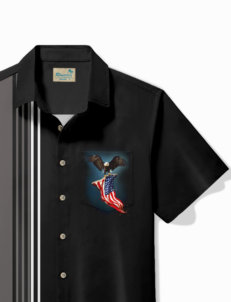 Alohadaddy Vintage Bowling American Flag Eagle Print Chest Pocket Shirt Plus Size Men&