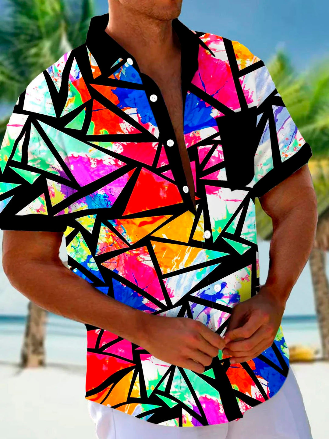 Camisa de manga corta con bolsillo y botones para hombre con estampado 3D de bloques de colores geométricos retro de Alohadaddy