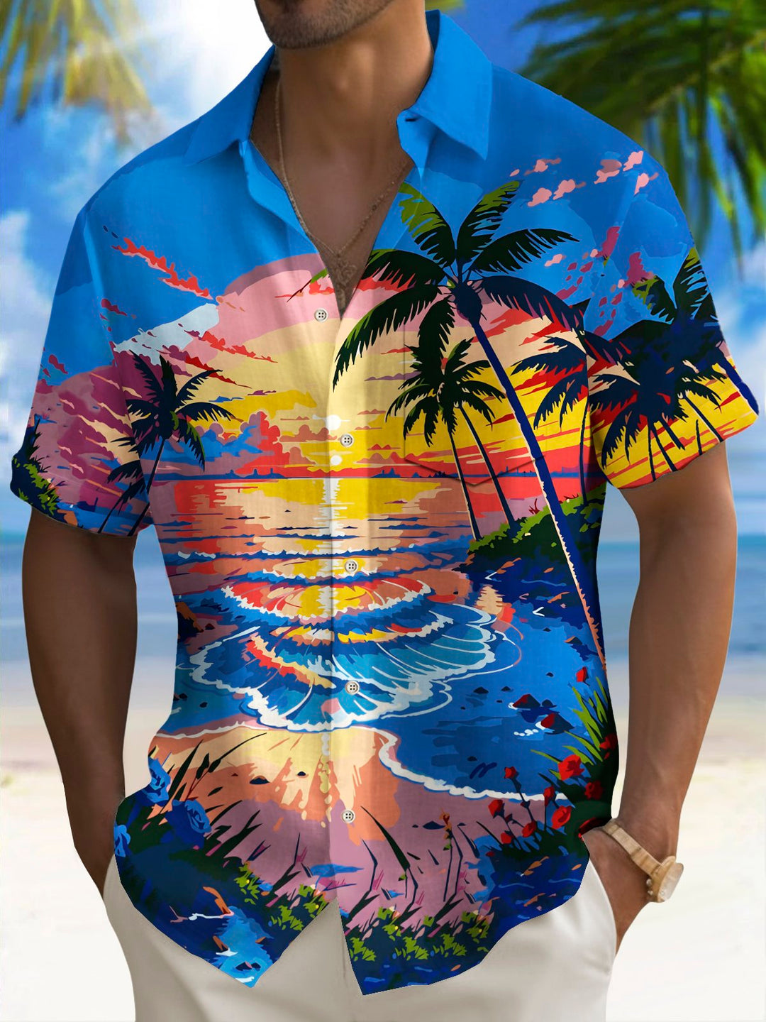 Camisa hawaiana de vacaciones en la playa Alohadaddy para hombre, camisa de camping con bolsillo y estampado de árboles de coco y puesta de sol en la playa, talla grande