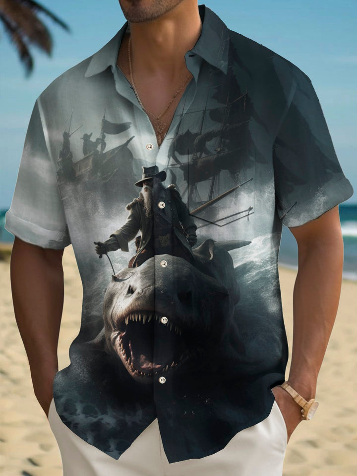 Camisa hawaiana para hombre Alohadaddy Beach Vacation con estampado pirata y bolsillo para acampar, talla grande