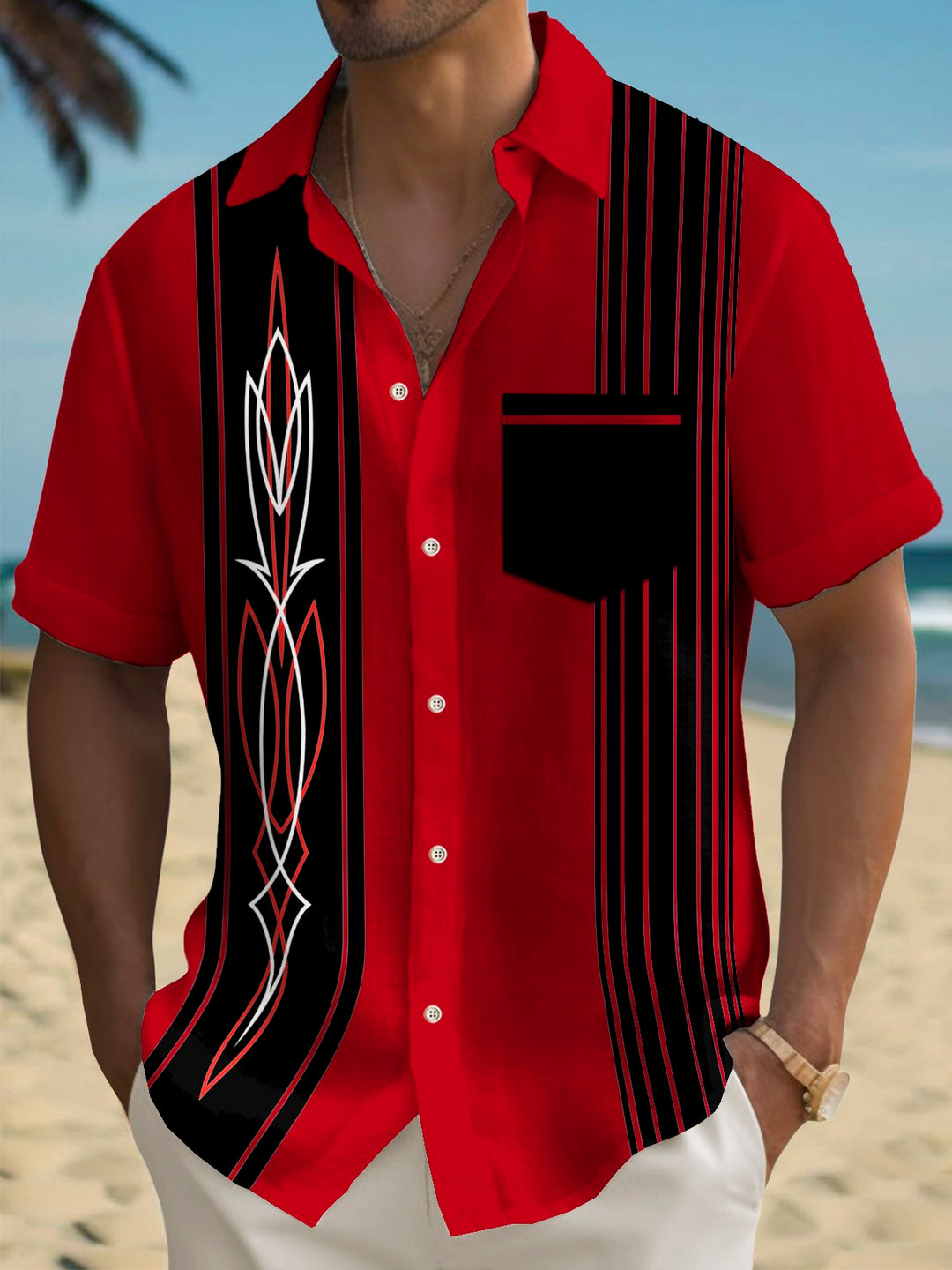 Alohadaddy Vintage Pinstripe Bowling Print Chest Pocket Shirt Plus Size Men&