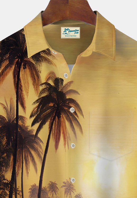 Camisa hawaiana de vacaciones en la playa Alohadaddy para hombre, camisa de camping con bolsillo y estampado de árboles de coco y puesta de sol en la playa, talla grande