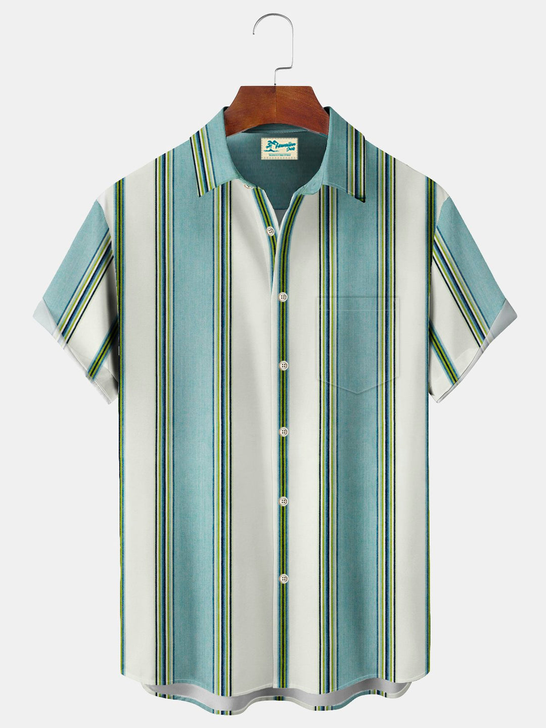 Camisa de hombre de manga larga con bolsillo en el pecho y estampado de rayas estilo bolos vintage de Alohadaddy
