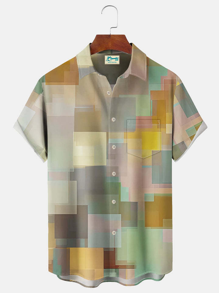 Alohadaddy Vintage Geometric Texture Print Chest Pocket Shirt Plus Size Men&