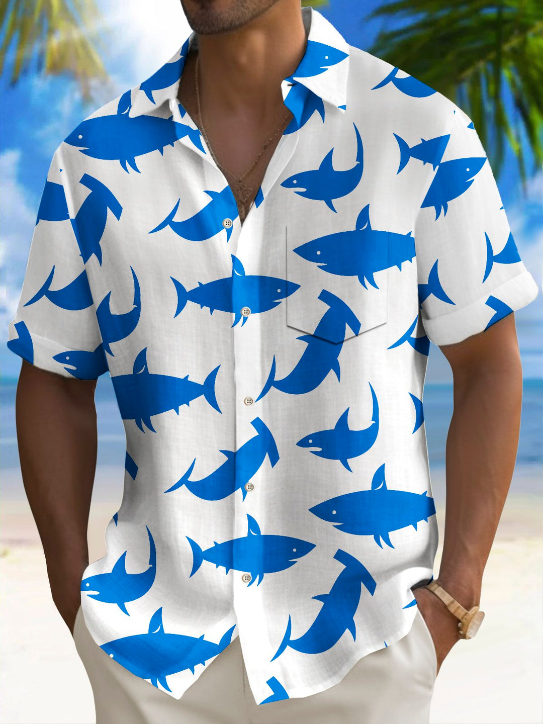 Chemise hawaïenne pour homme Alohadaddy Beach Vacation avec imprimé requin et poche pour camping