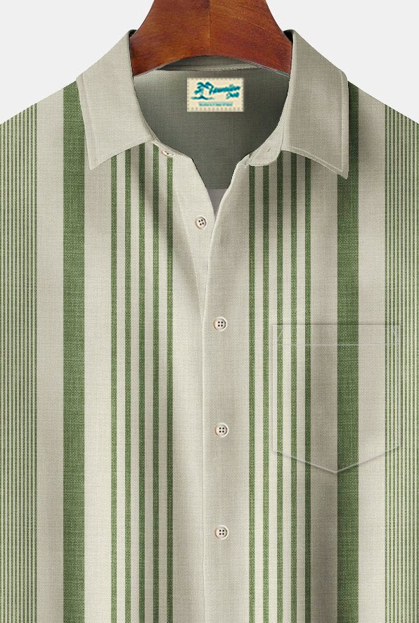Camisa de hombre de manga larga con bolsillo en el pecho y estampado de rayas estilo bolos vintage de Alohadaddy