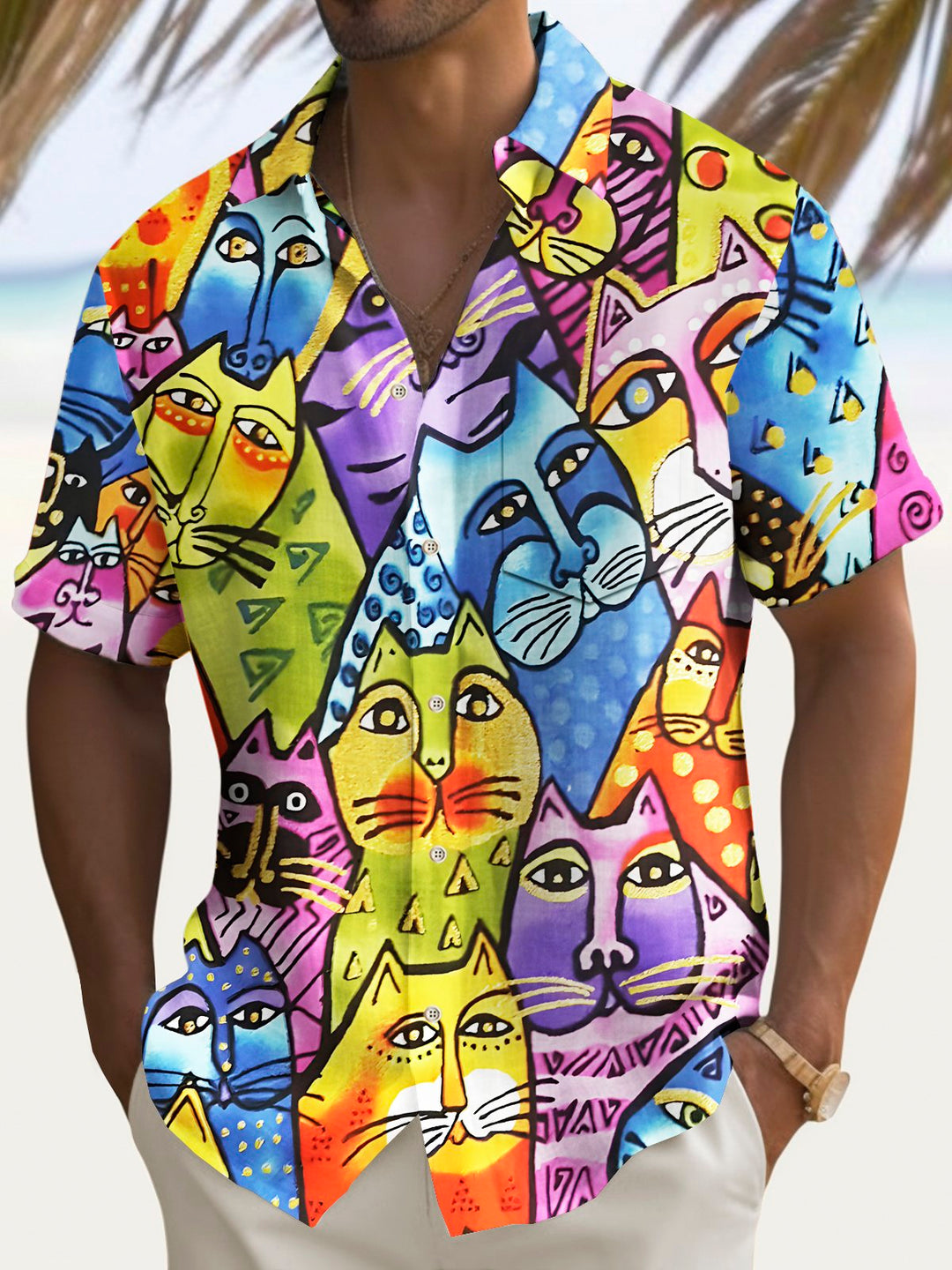 Alohadaddy Vintage Cat Print Chest Pocket Shirt Plus Size Men&