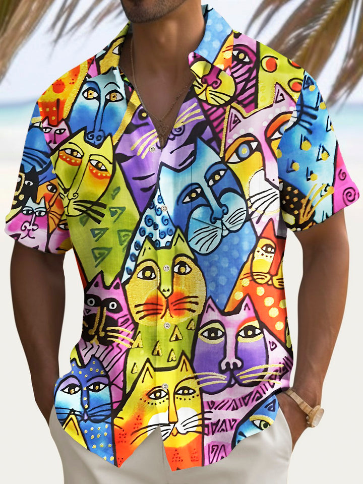 Alohadaddy Vintage Cat Print Chest Pocket Shirt Plus Size Men&