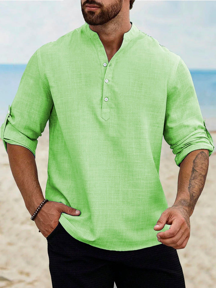 Camisas de manga larga con cuello de banda, de lino y algodón, básicas, informales, vintage, de Alohadaddy, cómodas y transpirables para campamento