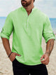 Alohadaddy Vintage Casual Basic Cotton Linen Long Sleeve Band Collar Shirts Breathable Comfortable Camp Shirts