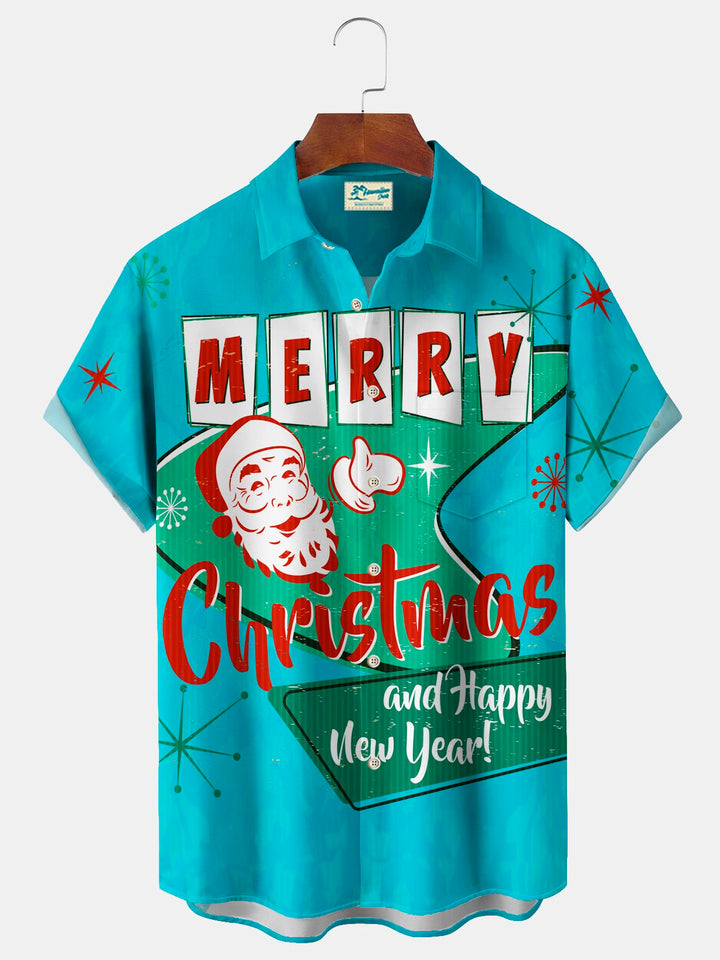 Chemises hawaïennes extensibles à imprimé géométrique Boomerang Joyeux Noël avec poche poitrine et motif Père Noël Alohadaddy