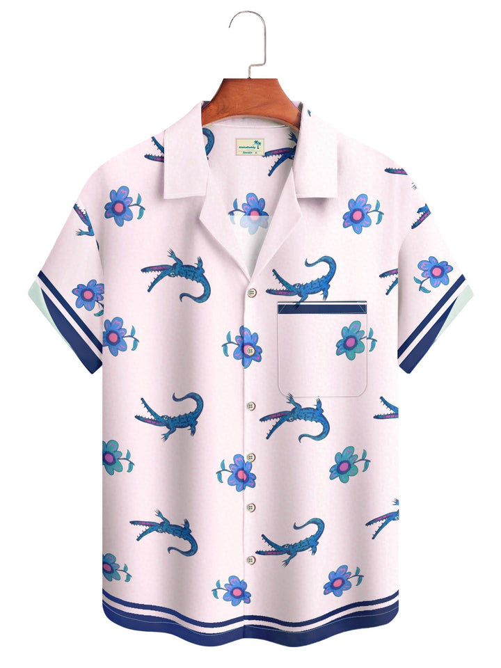 Alohadaddy Hawaiian Crocodile Flowers Art Print Button Cardigan Pockets Elastic Oversized Long Short Sleeve Shirt