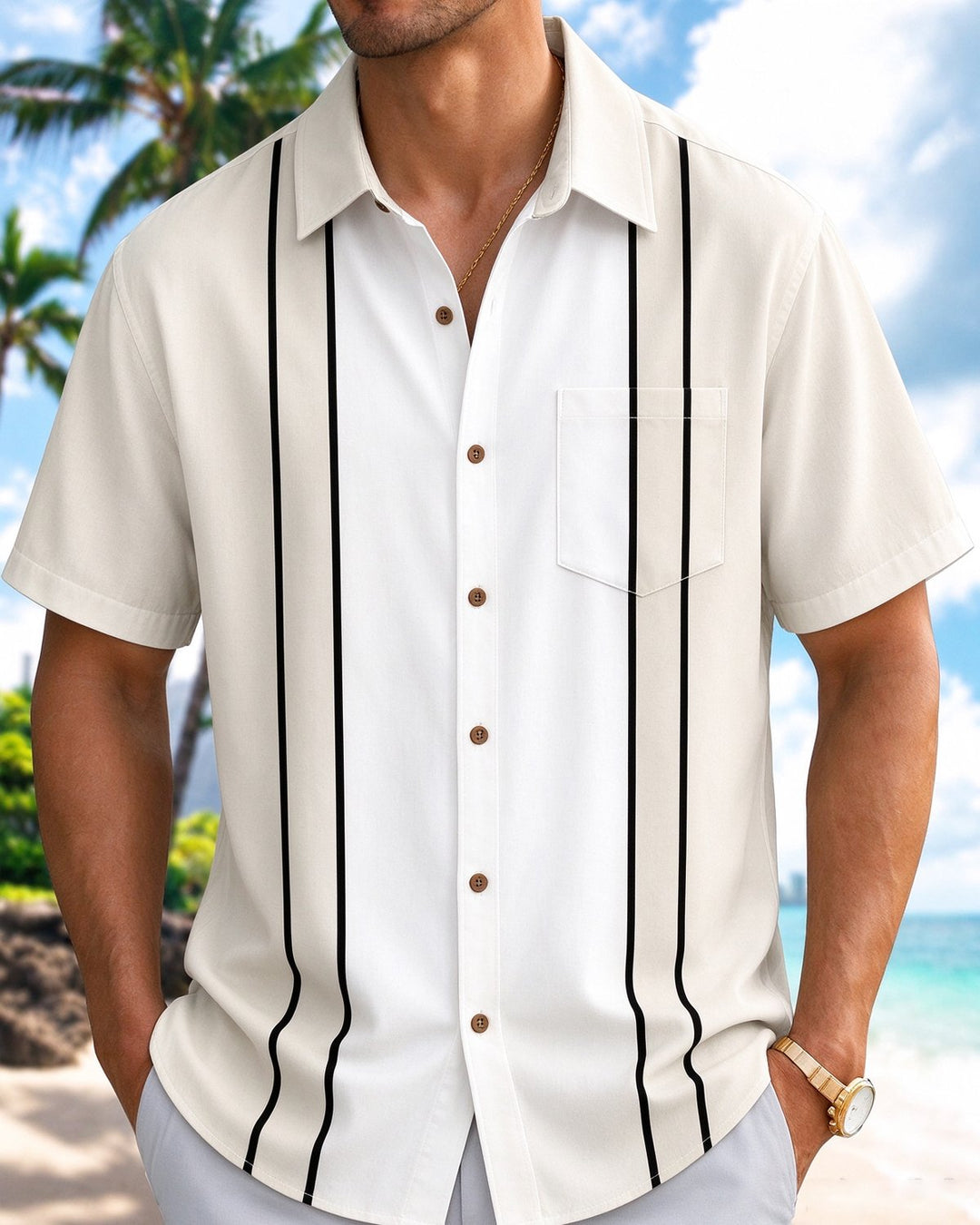 Alohadaddy® Retro Geometric Striped Bowling Shirt Print Men&