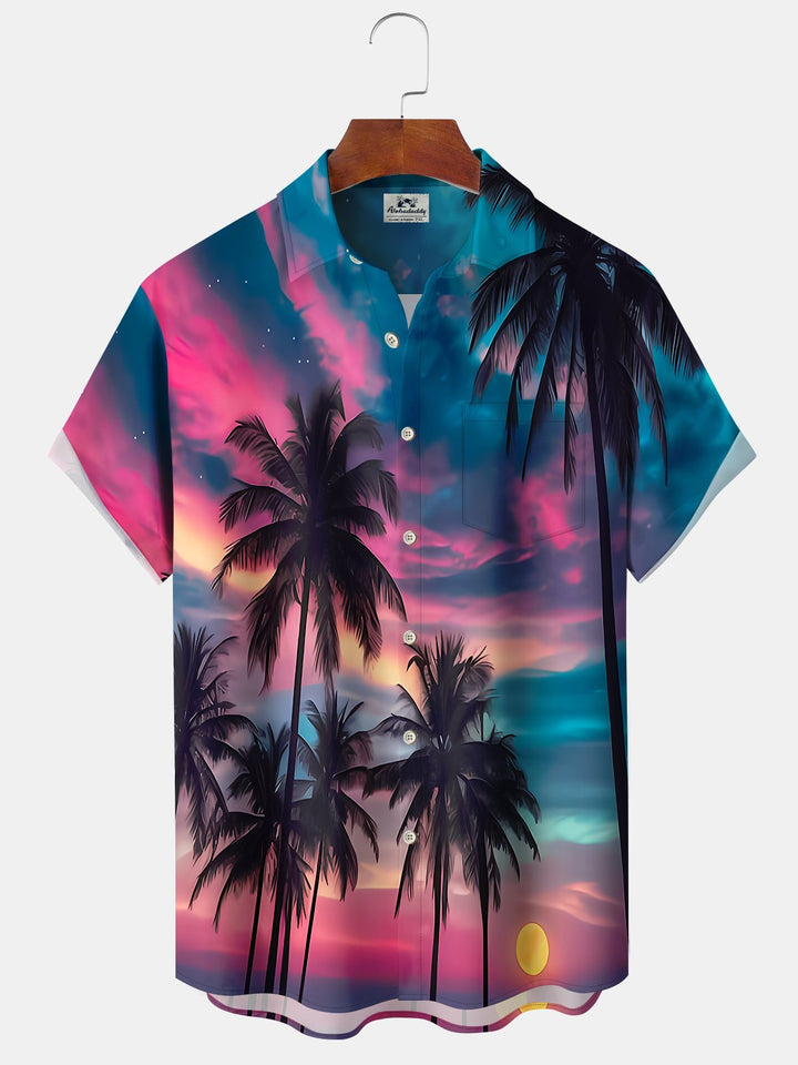 Alohadaddy Hawaii Resort Style Botanical Sunset Print Art Pocket Buttons Plus Size Stretch Shirt