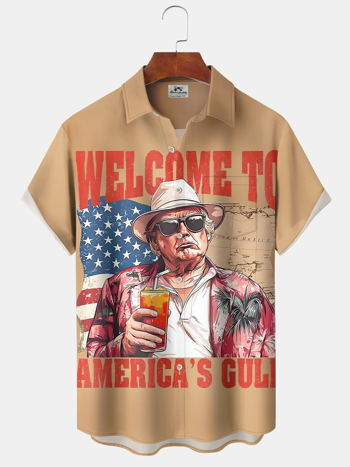 Alohadaddy Casual Trump Print Art Pocket Button Stretch Large Size Shirt