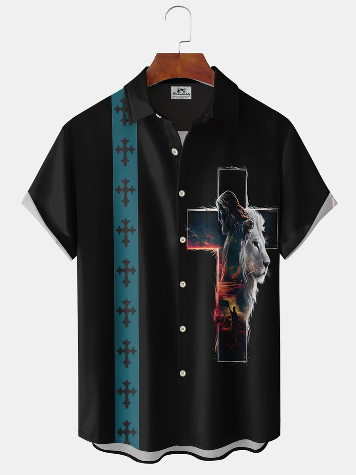 Alohadaddy Holiday Collection Easter Cross Lion Jesus Button Cardigan Stretch Large Size Polyester Short Sleeve Shirt