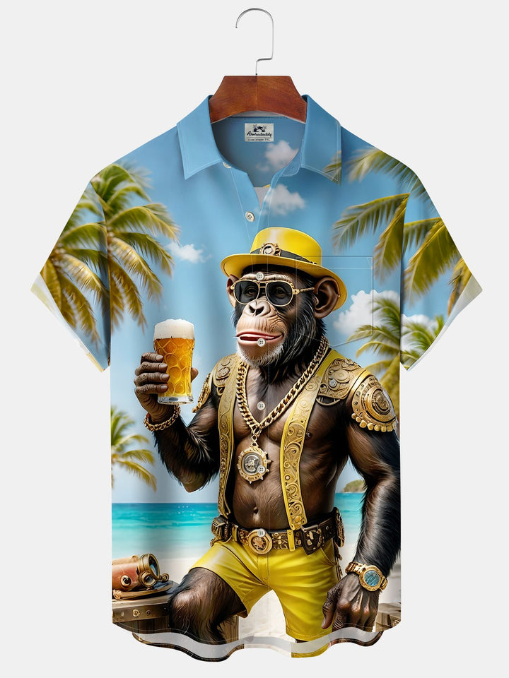 Alohadaddy Hawaiian Orangutan Vacation Print Art Button Cardigan Pocket Stretch Large Size Long Short Sleeve Shirt