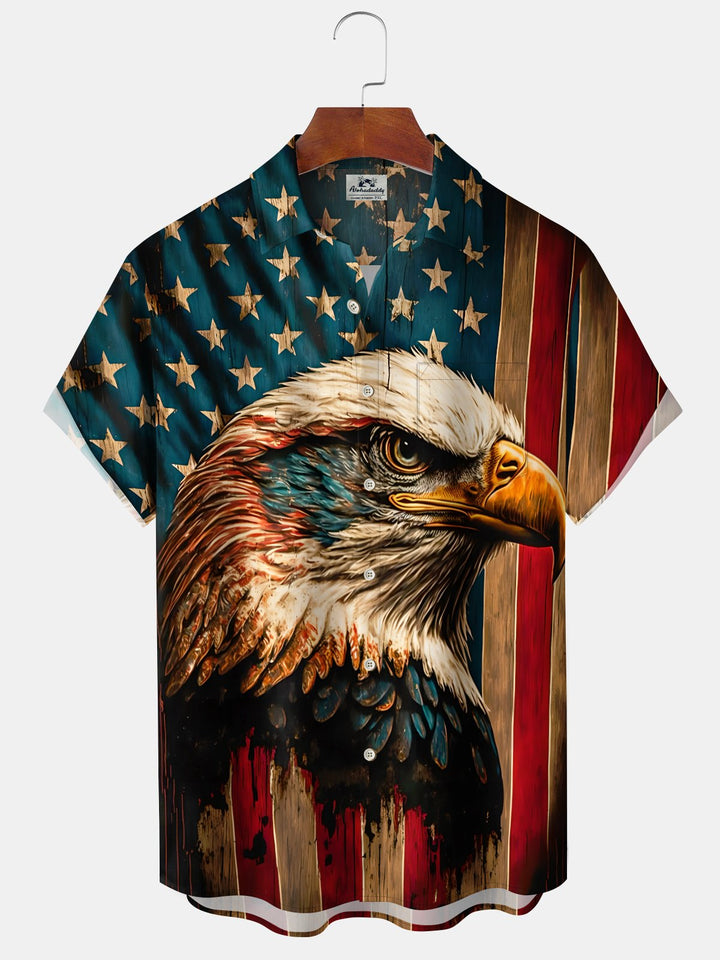 Alohadaddy Casual Independence Day American Flag Eagle Drawing Art Button Cardigan Pocket Stretch Large Size Long Short Sleeve Shirt