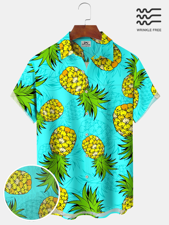 Alohadaddy Hawaiian Pineapple Art Print Cardigan Button Pockets Stretch Long Oversized Short Sleeve Shirt