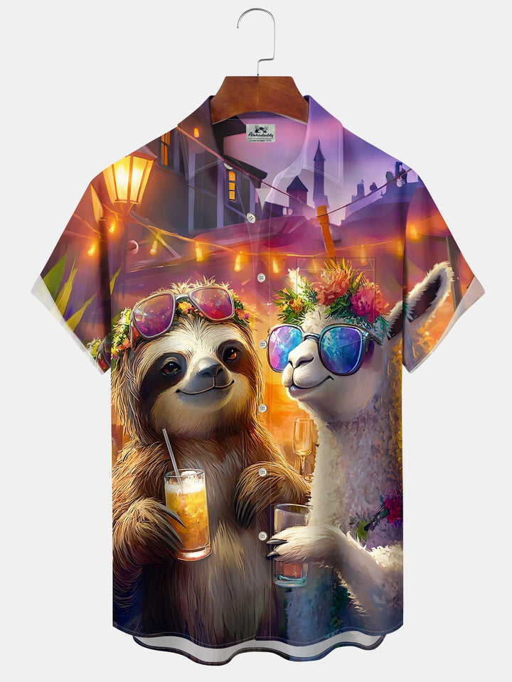 Alohadaddy Casual Vacation Sloth Alpaca Print Art Pocket Cardigan Button Polyester Stretch Short Sleeve Shirt