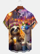 Alohadaddy Casual Vacation Sloth Alpaca Print Art Pocket Cardigan Button Polyester Stretch Short Sleeve Shirt