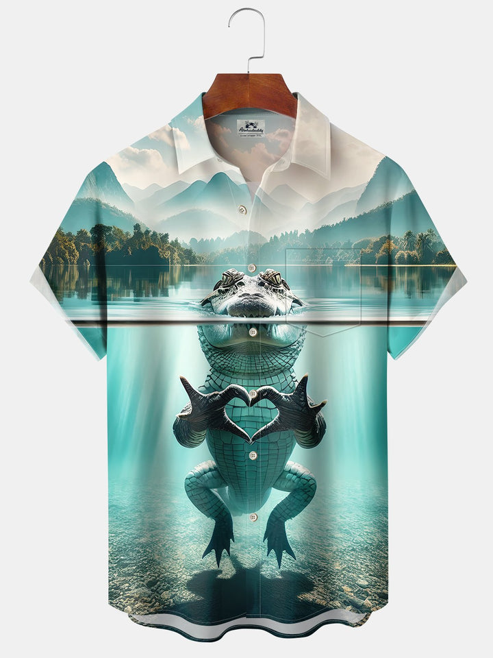 Alohadaddy Hawaiian Vacation Crocodile Heart Print Art Button Cardigan Pockets Breathable Soft Long Large Size Short Sleeve Shirt
