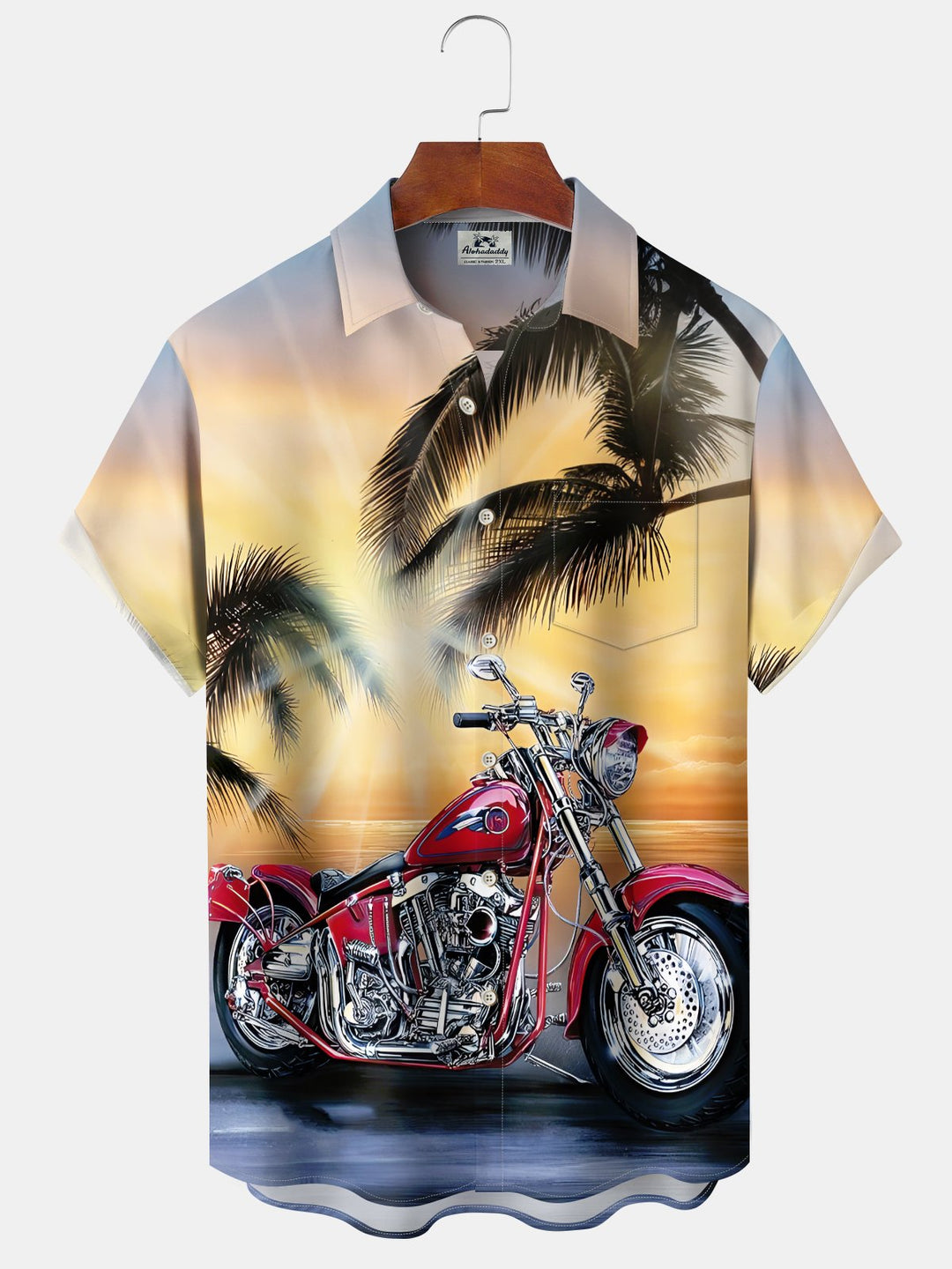 Alohadaddy Hawaiian Leisure Vacation Motorcycle Print Art Button Pocket Cardigan Stretch Large Size Short Sleeve Shirt