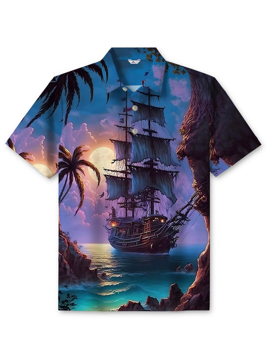 Alohadaddy Casual Daily Hawaii Ocean Pirate Ship Print Art Elastic Large Size Button Short Sleeve POLO Shirt