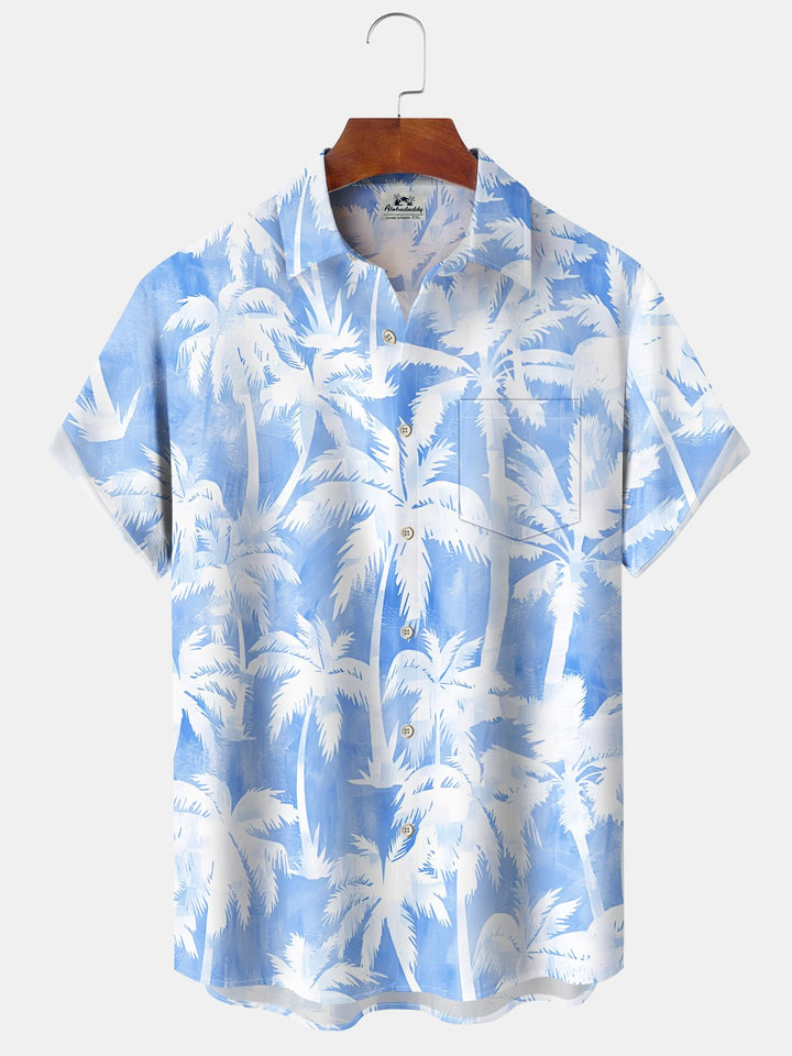 Alohadaddy Casual Collection Everyday Hawaii Palm Trees Art Print Button Cardigan Pocket Polyester Stretch Short Sleeve Shirt