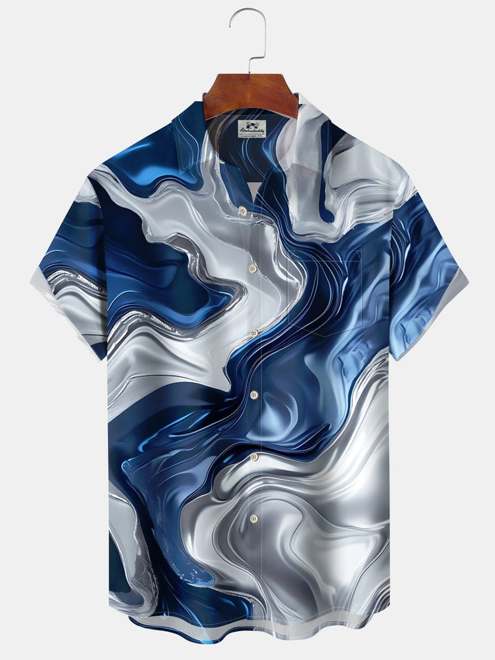 Alohadaddy Casual Everyday Hawaii Blue and White Abstract Texture Print Art Polyester Pocket Cardigan Stretch Long Large Size Short Sleeve Shirt