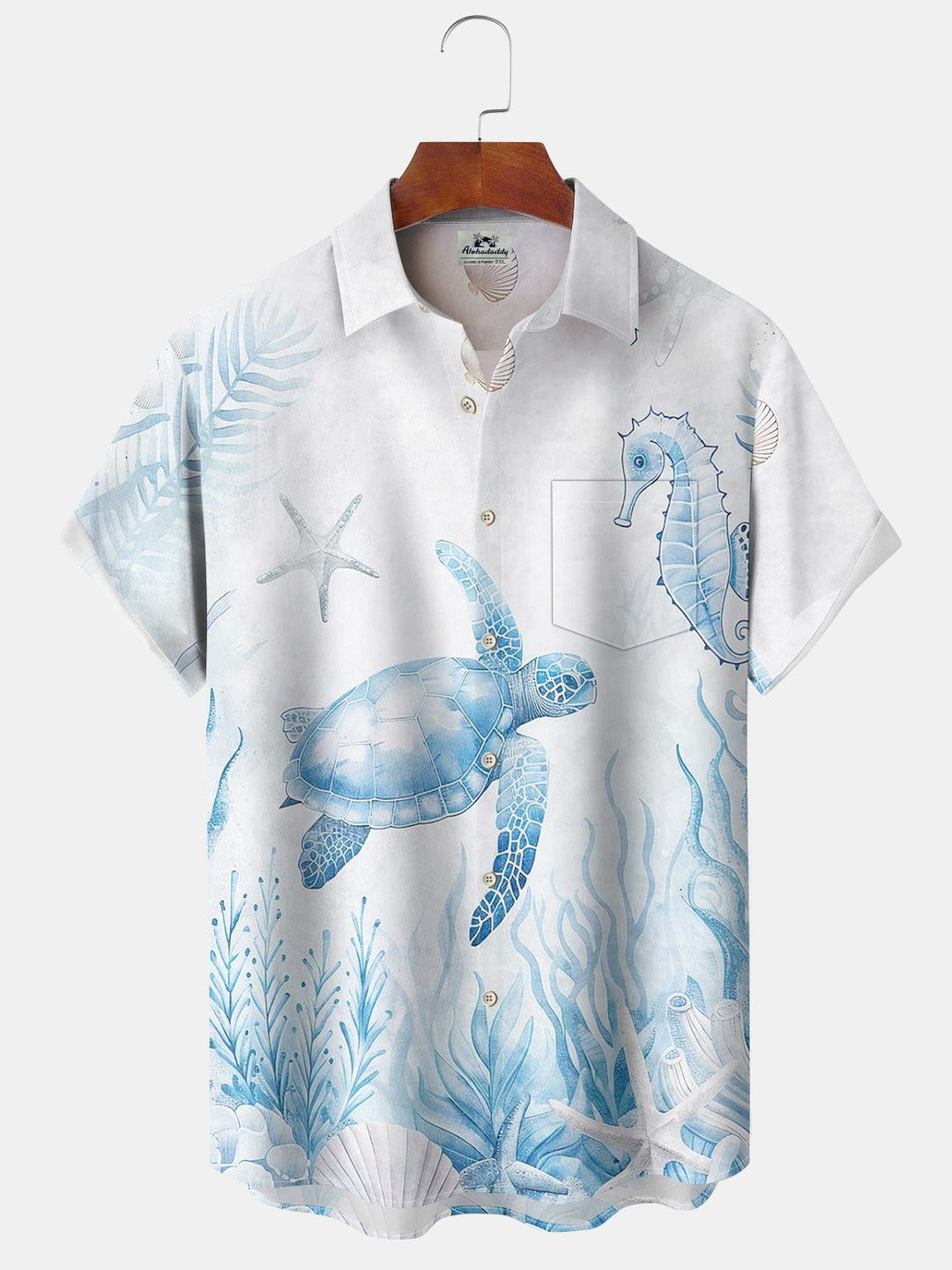 Alohadaddy Hawaiian Sea Turtle Seahorse Print Art Chest Pocket Stretch Short Sleeve Shirt
