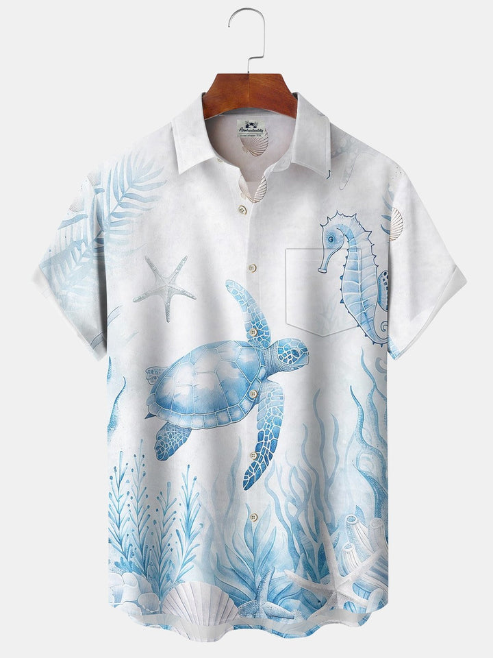 Alohadaddy Hawaiian Sea Turtle Seahorse Print Art Chest Pocket Stretch Short Sleeve Shirt