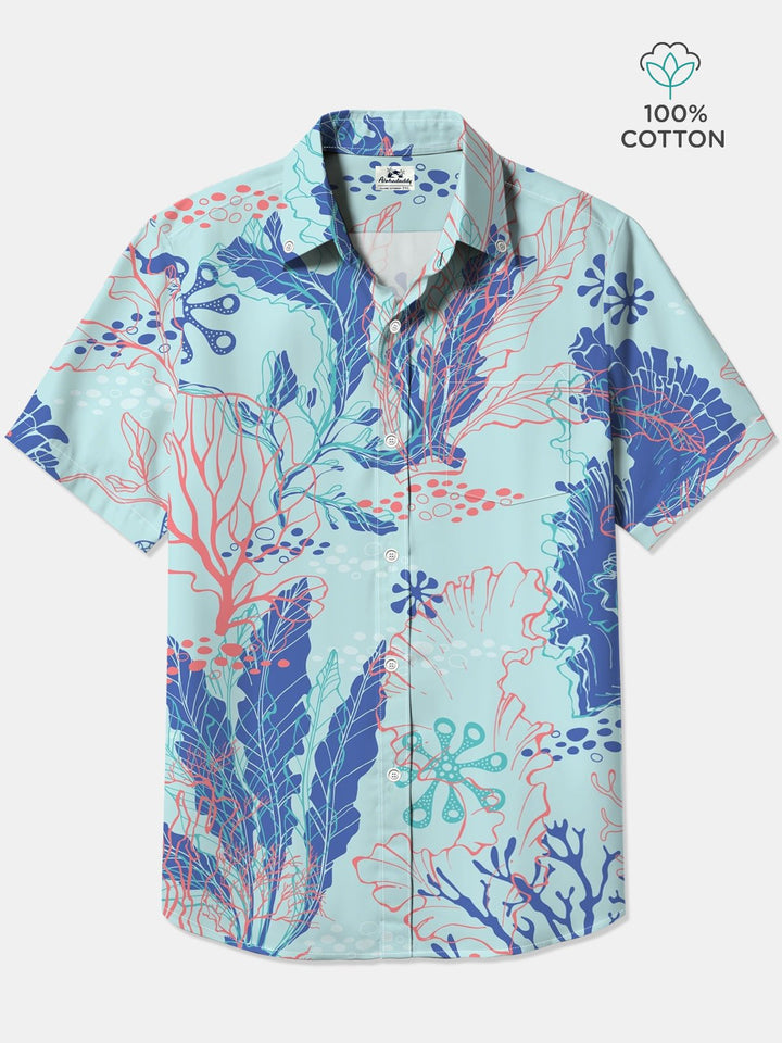 Alohadaddy Cotton Ocean Coral Art Print Moisture Wicking Chest Pocket Cardigan Hawaiian Oversized Short Sleeve Shirt