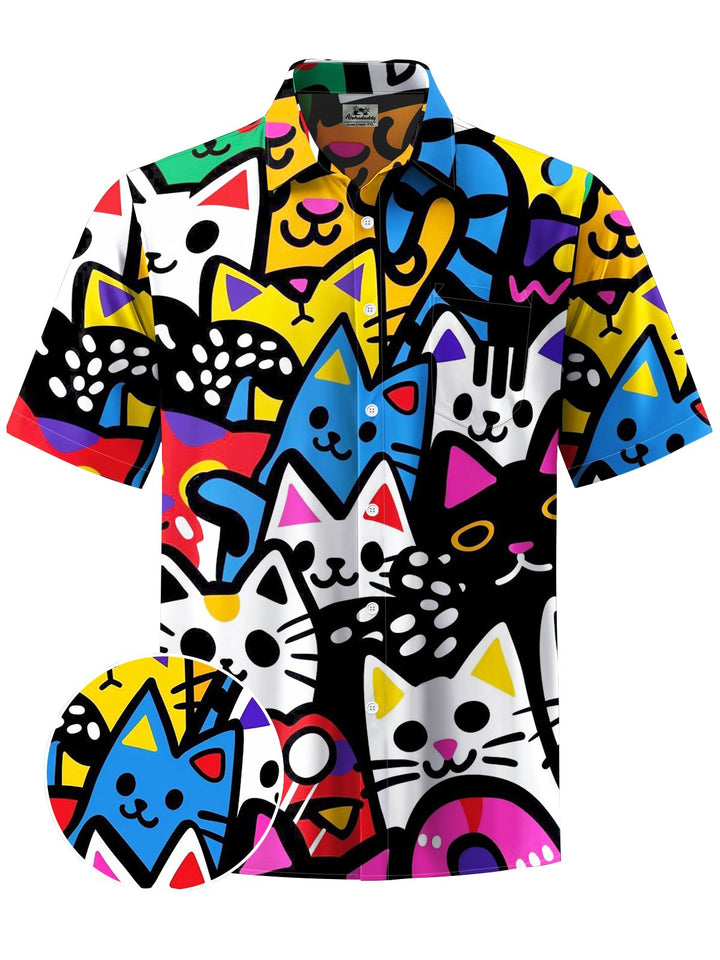 Alohadaddy® Casual Graffiti Cat Print Art Chest Pocket Moisture Wicking Men&