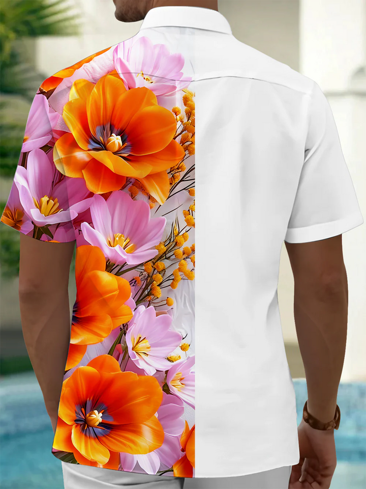 Alohadaddy® Hawaiian Flowers Non-Stretch Print Art Chest Pocket Men&