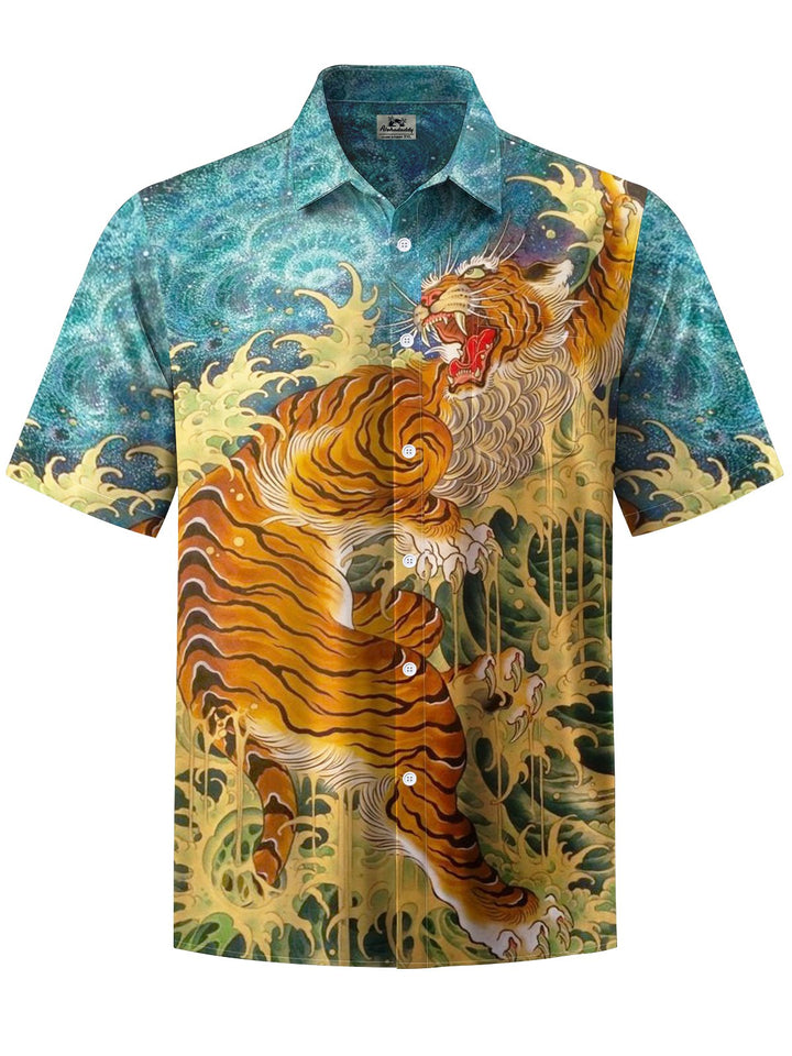 Alohadaddy® Vintage Tiger Art Print Chest Pocket Mens Short Sleeve Shirt Big &amp; Tall
