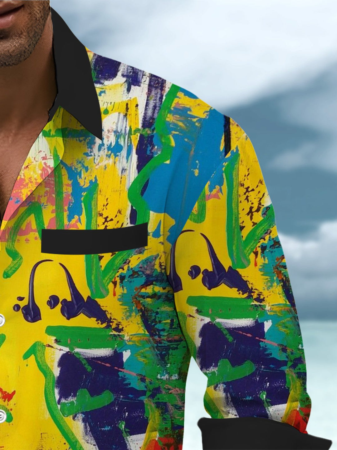 Alohadaddy® Casual Abstract Painting Contrast Color Print Art Chest Pocket Men&
