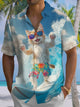 Alohadaddy® Hawaiian Surfing Fun Cat Art Print Chest Pocket Men's Short Sleeve Shirt Big & Tall