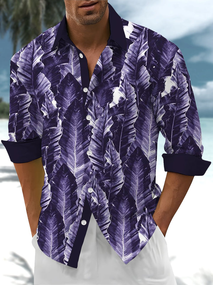 Alohadaddy® Casual Tropical Leaf Art Print Chest Pocket Stretch Men&