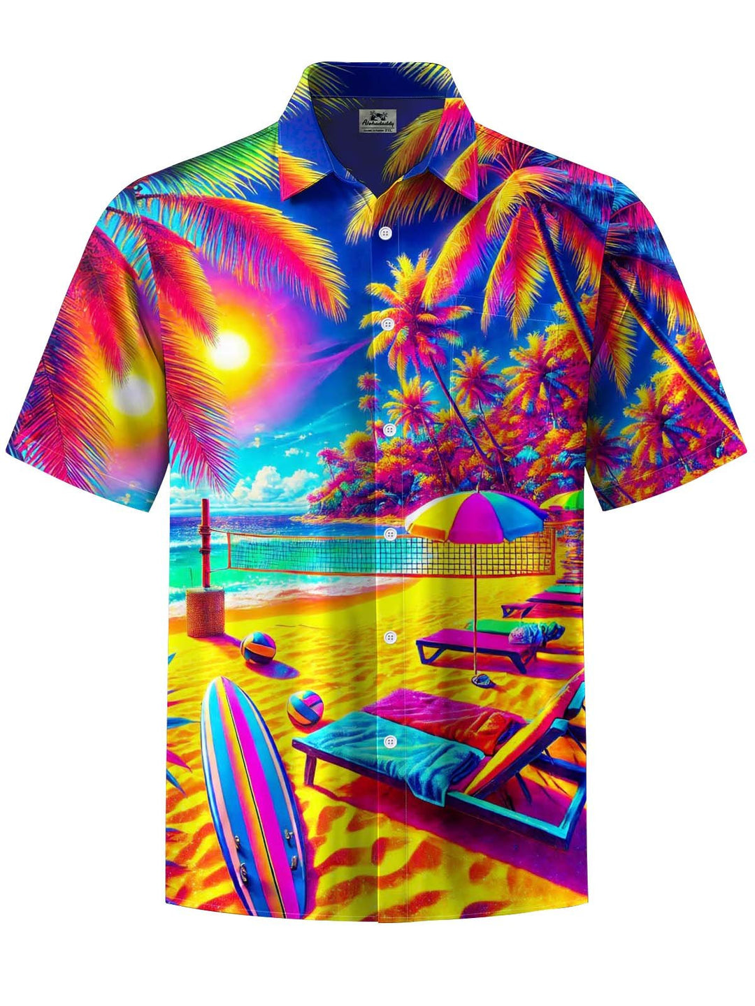Alohadaddy® Hawaiian Coconut Tree Beach Vacation Print Artwork Chest Pocket Men&