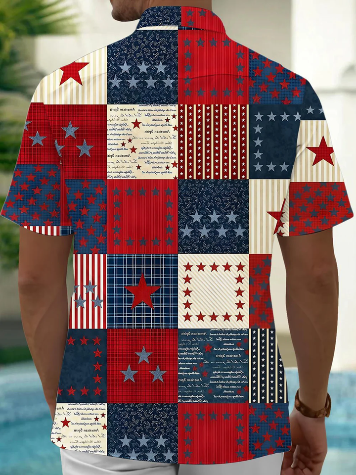 Alohadaddy® Vintage Geometric American Flag Art Print Chest Pocket Stretch Men&