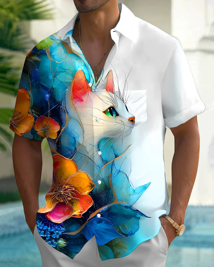 Alohadaddy® Hawaiian Floral Cat Print Pocket Elastic Button Men&