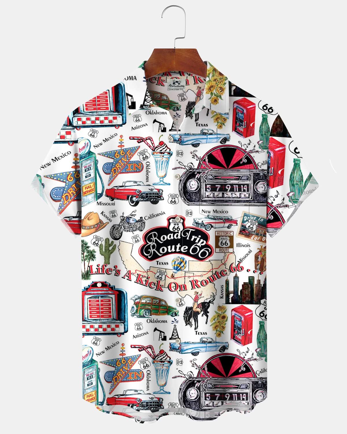 Alohadaddy® Retro Route 66 Geometric Cartoon Print Art with Pockets and Buttons Men's Short-Sleeve Shirt Big & Tall