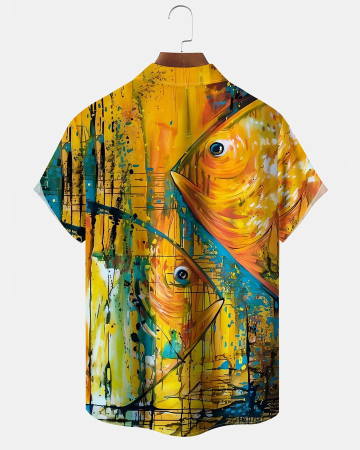 Alohadaddy® Vintage Fish Oil Painting Print Art Pocket Button Stretch Men&