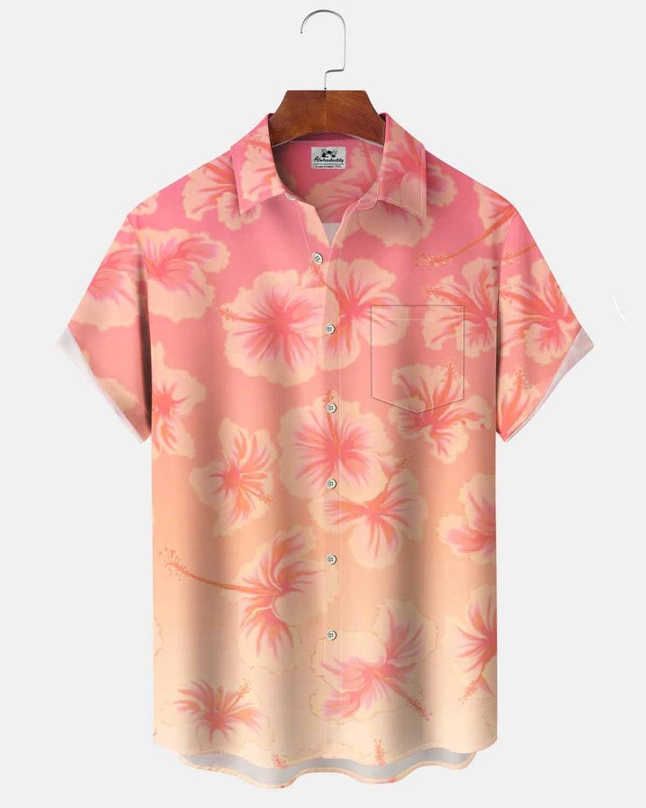 Alohadaddy® Hawaiian Floral Gradient Print Art Cardigan with Pockets and Buttons for Men - Short Sleeve Shirt Big &amp; Tall