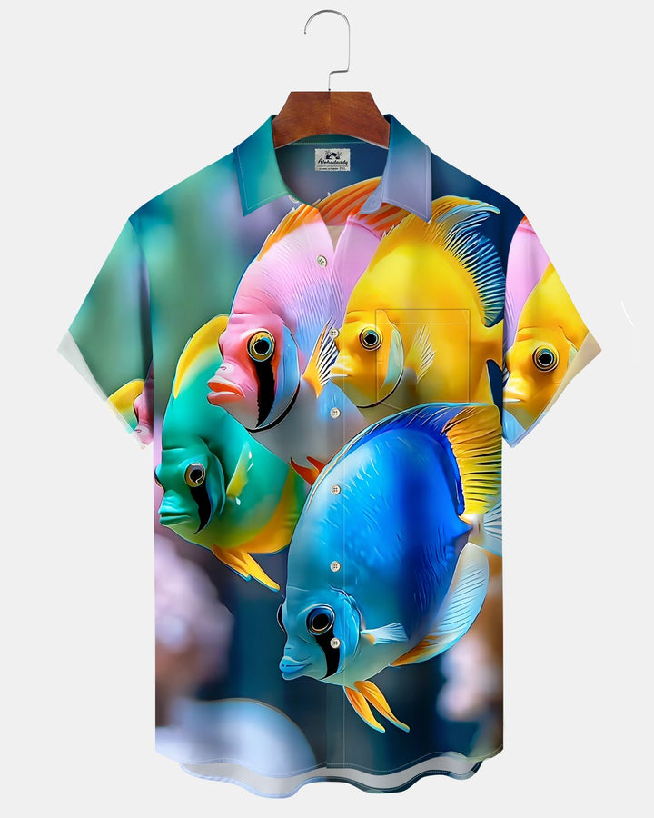 Alohadaddy® Hawaiian Fish Print Art Button Pocket Cardigan Men&