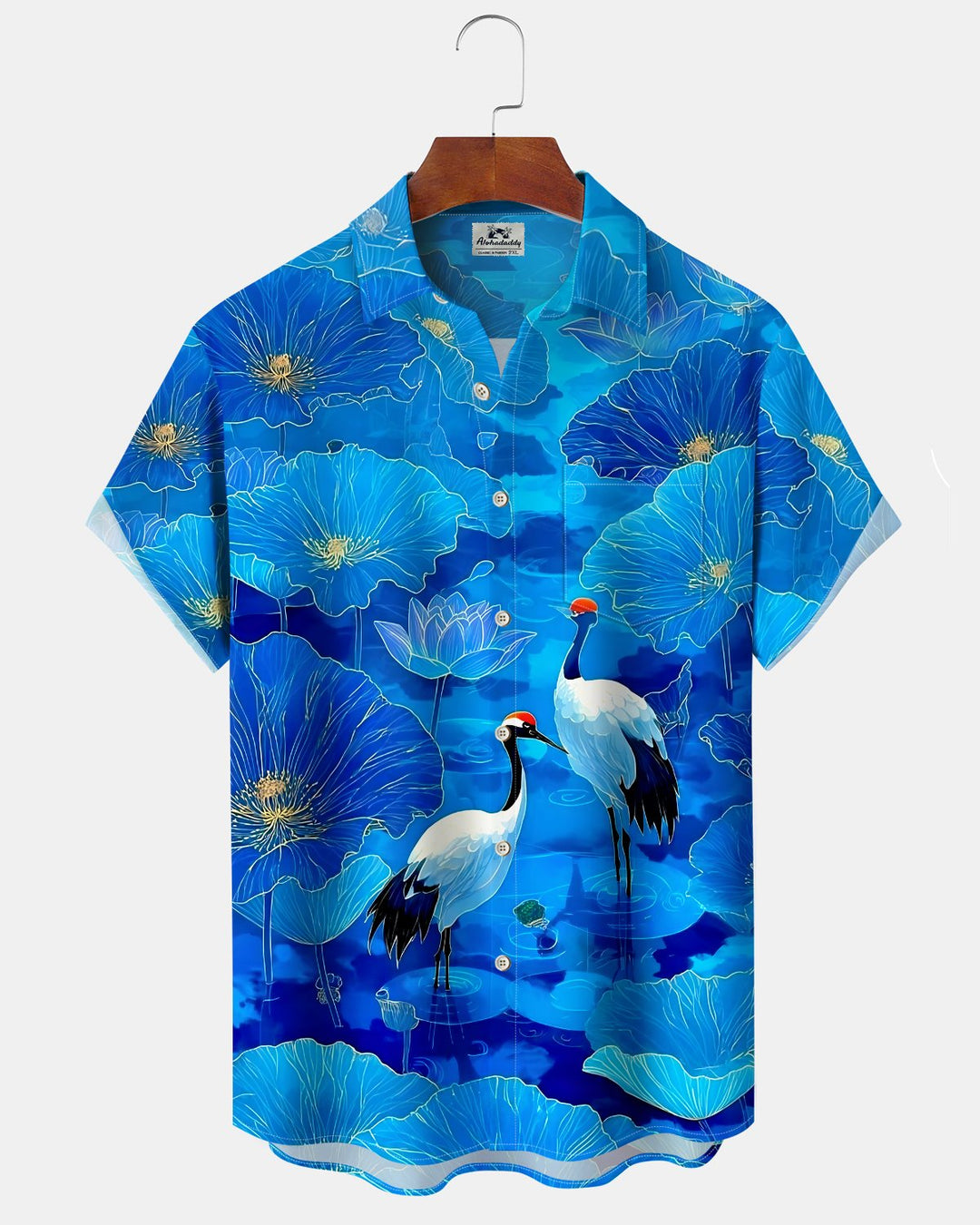 Alohadaddy® Hawaiian Red-crowned Crane Print Art Button Pocket Cardigan Men&