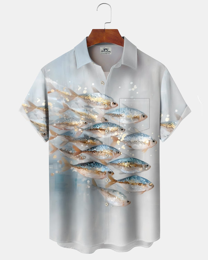 Alohadaddy® Hawaiian Fish Print Art Button Pocket Cardigan Men&