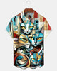 Alohadaddy® Men's Short-Sleeve Button-Down Shirt with Vintage Cat Art Print and Pocket